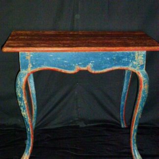 Swedish rococo table with original paint of orange trim and a blue body with a rustic top.